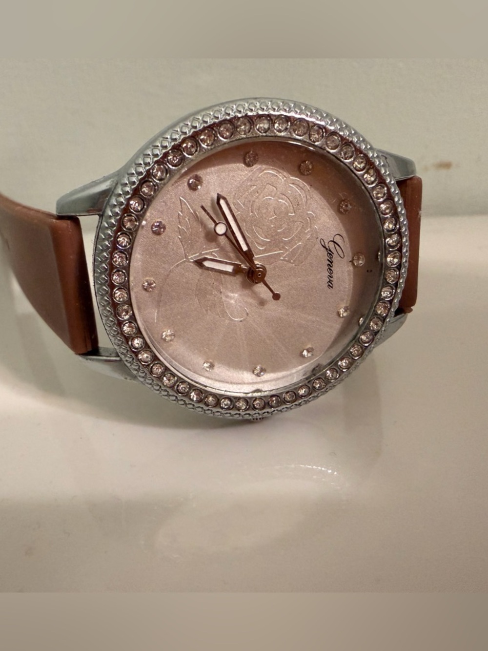 Geneva Pink Dial Watch with Brown Strap and Crystal Bezel